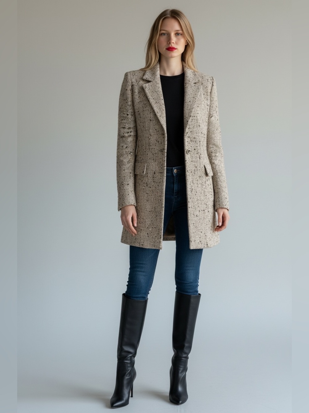 CHANEL Grey Speckled Tweed Blazer Coat